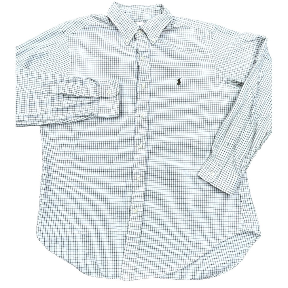 Ralph Lauren Shirt Men Large White Brown Button Up Classic Fit Grid Check Dress